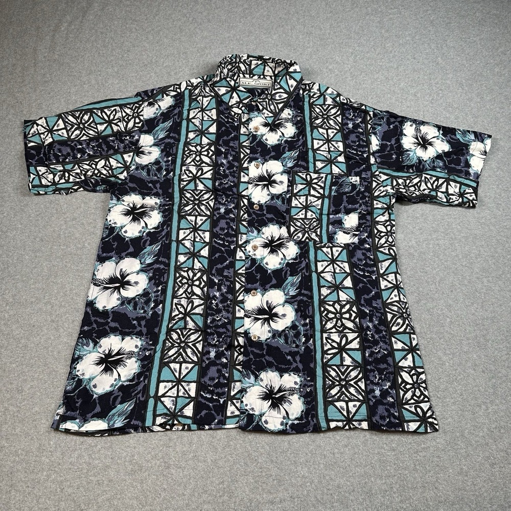 Vintage M.E. Sport Rayon Hawaiian Camp Shirt Mens M Blue Floral Aloha Y2K